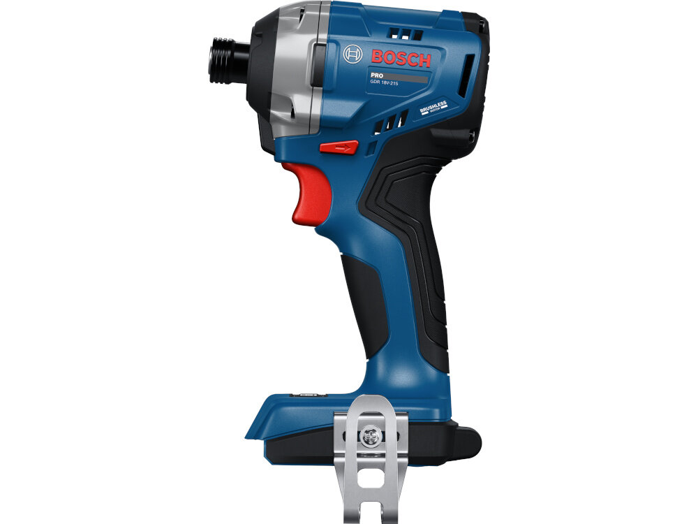 Klucz udarowy BOSCH Professiona GDR 18V-215 06019N2000 klucz na białym tle widoczny z boku dwa standardowe tryby pracy do śrub i nakrętek metalowych do wkrętów w drewnie tryb pierwszy precyzyjną kontrolę momentu podczas dokręcania i odkręcania drugi tryb przeznaczony jest do wkrętów w drewnie o długości łba do 121 mm stabilna, płynna praca kontrolowane zastosowania precyzja powtarzalność pracy ochrona