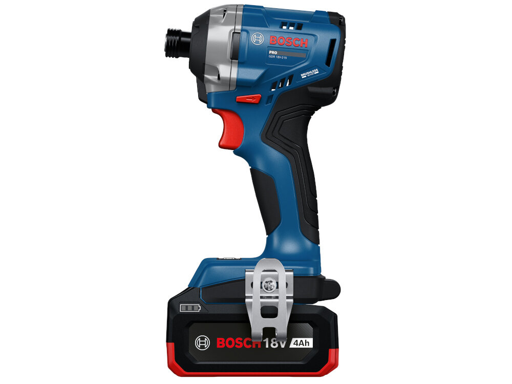 Klucz udarowy BOSCH Professional GDR 18V-215 06019N2002 klucz z akumulatorem na białym tle widoczny z boku zasilany jest akumulatorowo pełna swoboda pracy zwiększa komfort użytkowania praca w trudno dostępnych miejscach dwa akumulatory z serii Professional 18V o pojemności 4 Ah ładowarka