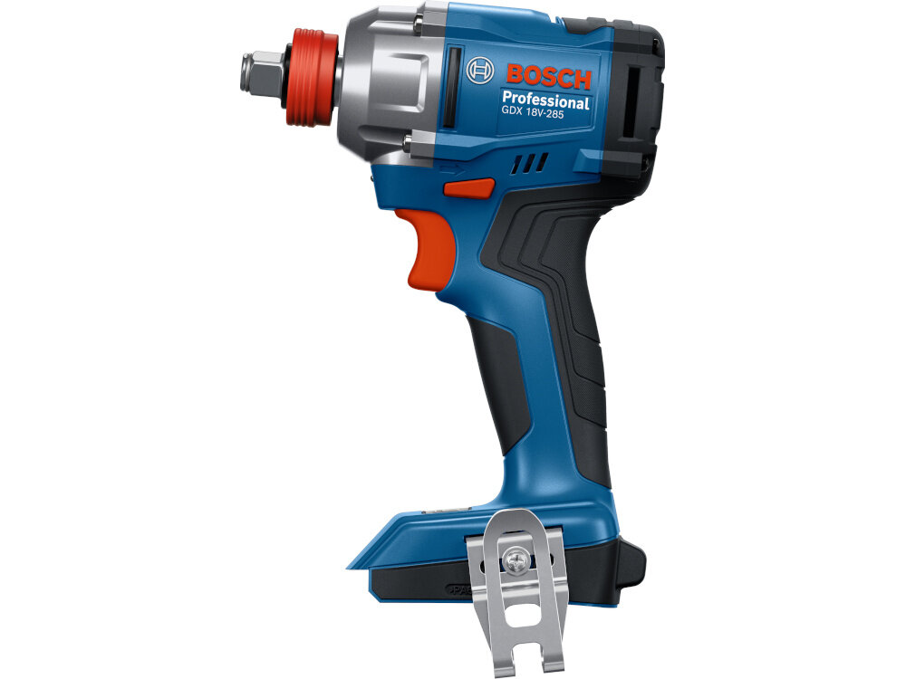 Klucz udarowy BOSCH Professional GDX 18V-285 06019N2100 klucz a białym tle widoczny z boku regulacja prędkości obrotowej na spuście (od 0 do 2800 obr/min) obroty prawo/lewo obroty w prawo umożliwiają wkręcenie śruby lub dokręcenie nakrętki obroty w lewo odpowiadają za odkręcenie nakrętki lub wykręcenie śruby