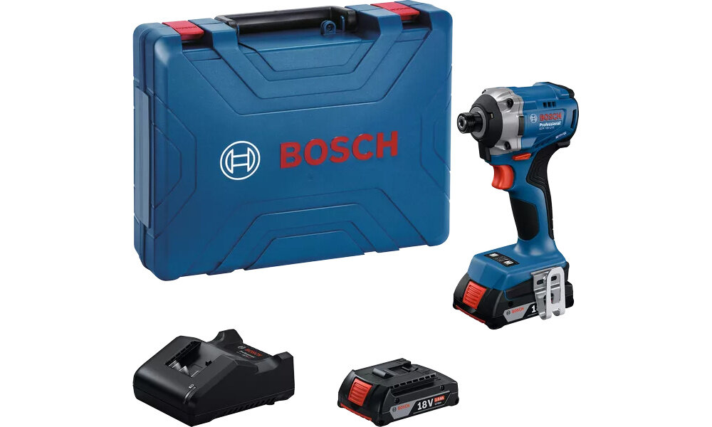 Klucz udarowy BOSCH Professional GDR 18V-215 06019N2022 zestaw na białym tle w zestawie klucz dwa akumulatory ładowarka walizka zaczep do paska dokumentacja