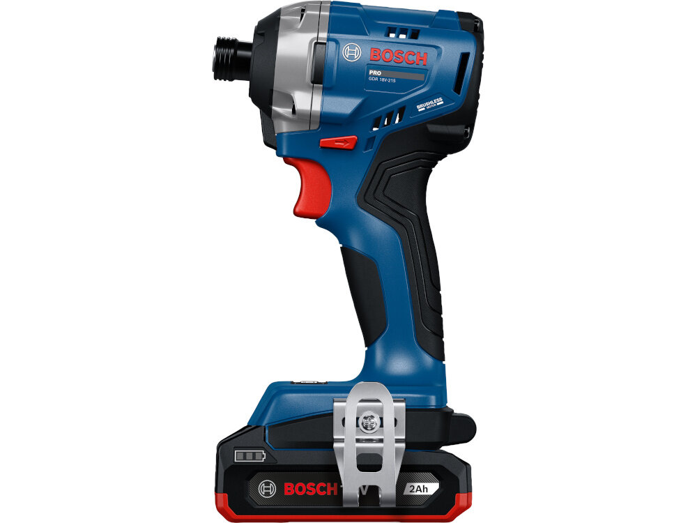 Klucz udarowy BOSCH Professional GDR 18V-215 06019N2022 klucz z akumulatorem na białym tle widoczny z boku zasilany jest akumulatorowo pełna swoboda pracy zwiększa komfort użytkowania praca w trudno dostępnych miejscach dwa akumulatory z serii Professional 18V o pojemności 2 Ah ładowarka