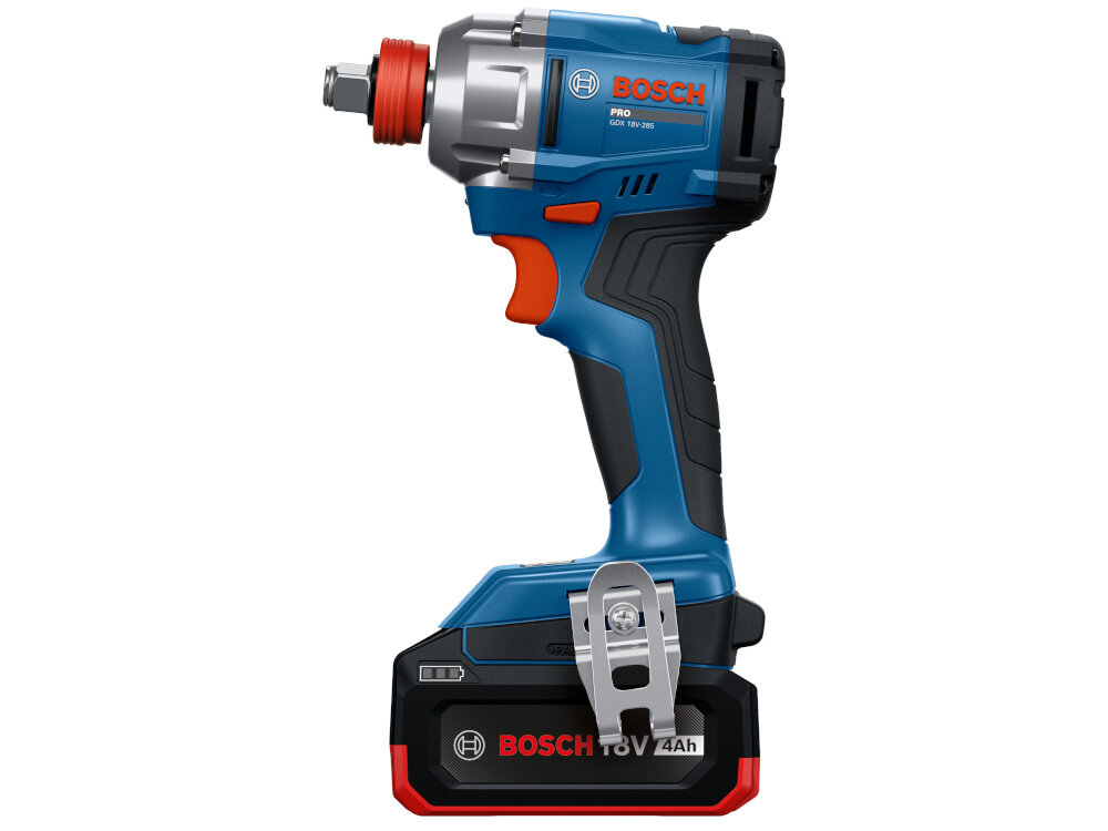 Klucz udarowy BOSCH Professional GDX 18V-285 06019N2102 klucz z akumulatorem na białym tle widoczny z boku zasilany akumulatorowo pełna swoboda pracy bez ograniczeń wynikających z kabla zwiększa komfort użytkowania pracę w trudno dostępnych miejscach dwa akumulatory z serii Professional 18V o pojemności 4 Ah ładowarka