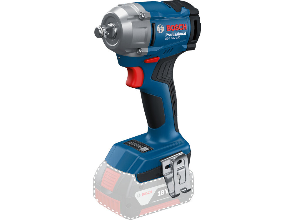 Klucz udarowy BOSCH Professional GDS 18V-350 06019M5020 Klucz BOSCH Professional GDS 18V-350 06019M5020 klucz bez akumulatora na białym tle widoczny od przodu pod skosem wyszarzony akumulator zasilany przez akumulator z serii BOSCH 18 V jeden akumulator może być wykorzystywany w wielu elektronarzędziach pełna swoboda pracy komfort użytkowania praca w trudno dostępnych miejscach