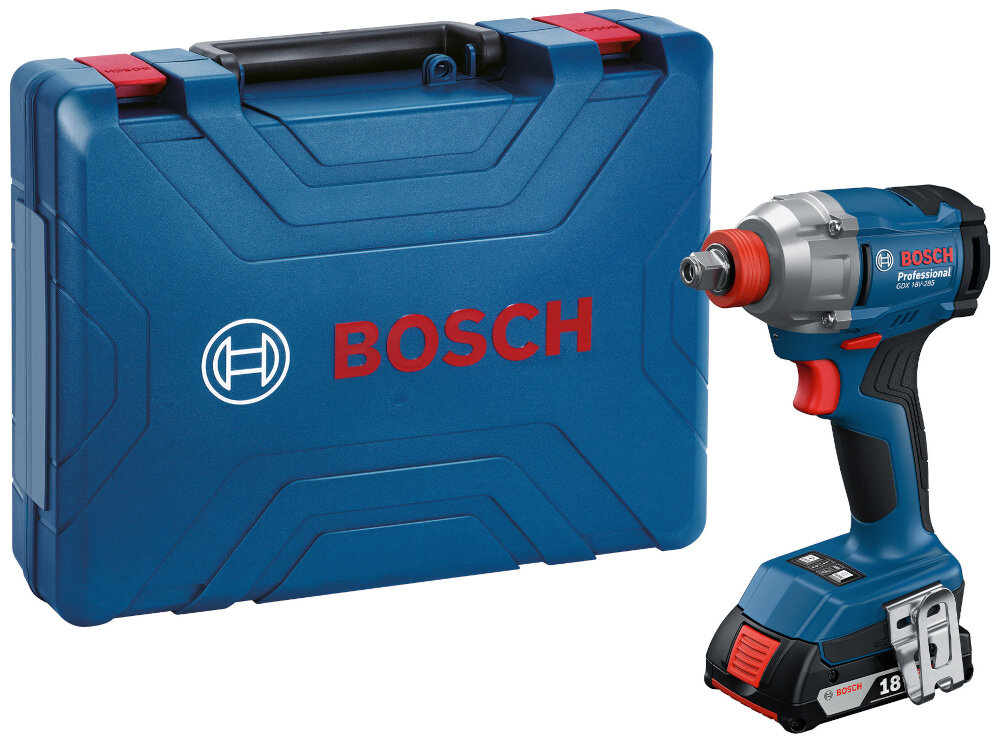 Klucz udarowy BOSCH Professional GDX 18V-285 06019N2122 walizka i klucz na białym tle wysokiej klasy elektronarzędzie walizka transportowa zabezpieczy sprzęt z niezwykle twardego i wytrzymałego tworzywa sztucznego wysoka odporność na uderzenia