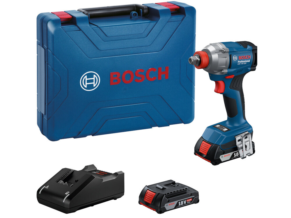 Klucz udarowy BOSCH Professional GDX 18V-285 06019N2122 zestaw na białym tle w zestawie klucz dwa akumulatory ładowarka walizka zaczep do paska dokumentacja