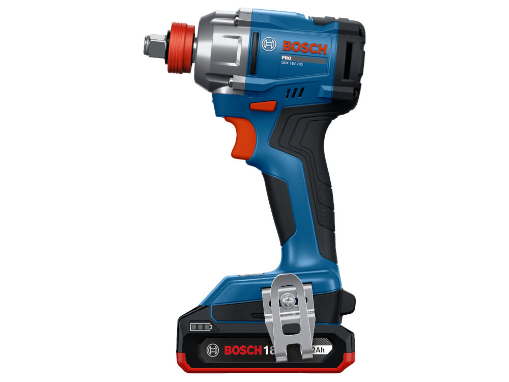 Klucz udarowy BOSCH Professional GDX 18V-285 06019N2122 klucz z akumulatorem na białym tle widoczny z boku zasilany akumulatorowo pełna swoboda pracy bez ograniczeń wynikających z kabla zwiększa komfort użytkowania pracę w trudno dostępnych miejscach dwa akumulatory z serii Professional 18V o pojemności 2 Ah ładowarka