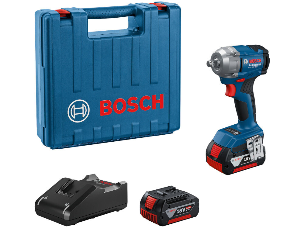 Klucz udarowy BOSCH Professional GDS 18V-350 06019M5021 zestaw na białym tle w zestawie klucz dwa akumulatory ładowarka walizka zaczep do paska dokumentacja