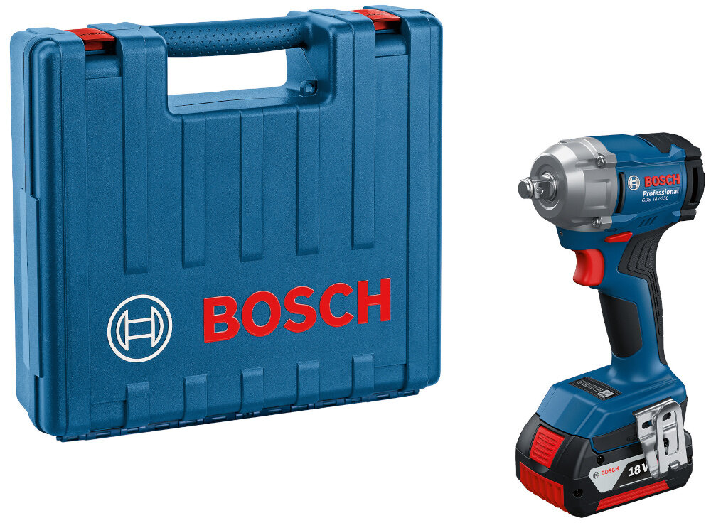 Klucz udarowy BOSCH Professional GDS 18V-350 06019M5021 klucz i walizka na białym tle wysokiej klasy elektronarzędzie walizka transportowa zabezpieczy sprzęt z niezwykle twardego i wytrzymałego tworzywa sztucznego wysoka odporność na uderzenia