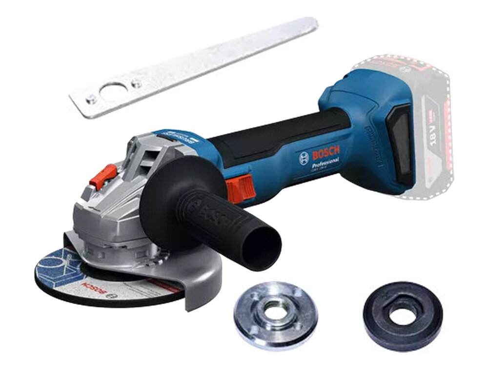 Szlifierka kątowa BOSCH Professional GWS 18V-8 06019N9000 zestaw na białym tle w zestawie szlifierka osłona kołnierz mocujący rękojeść dodatkowa klucz dokumentacja