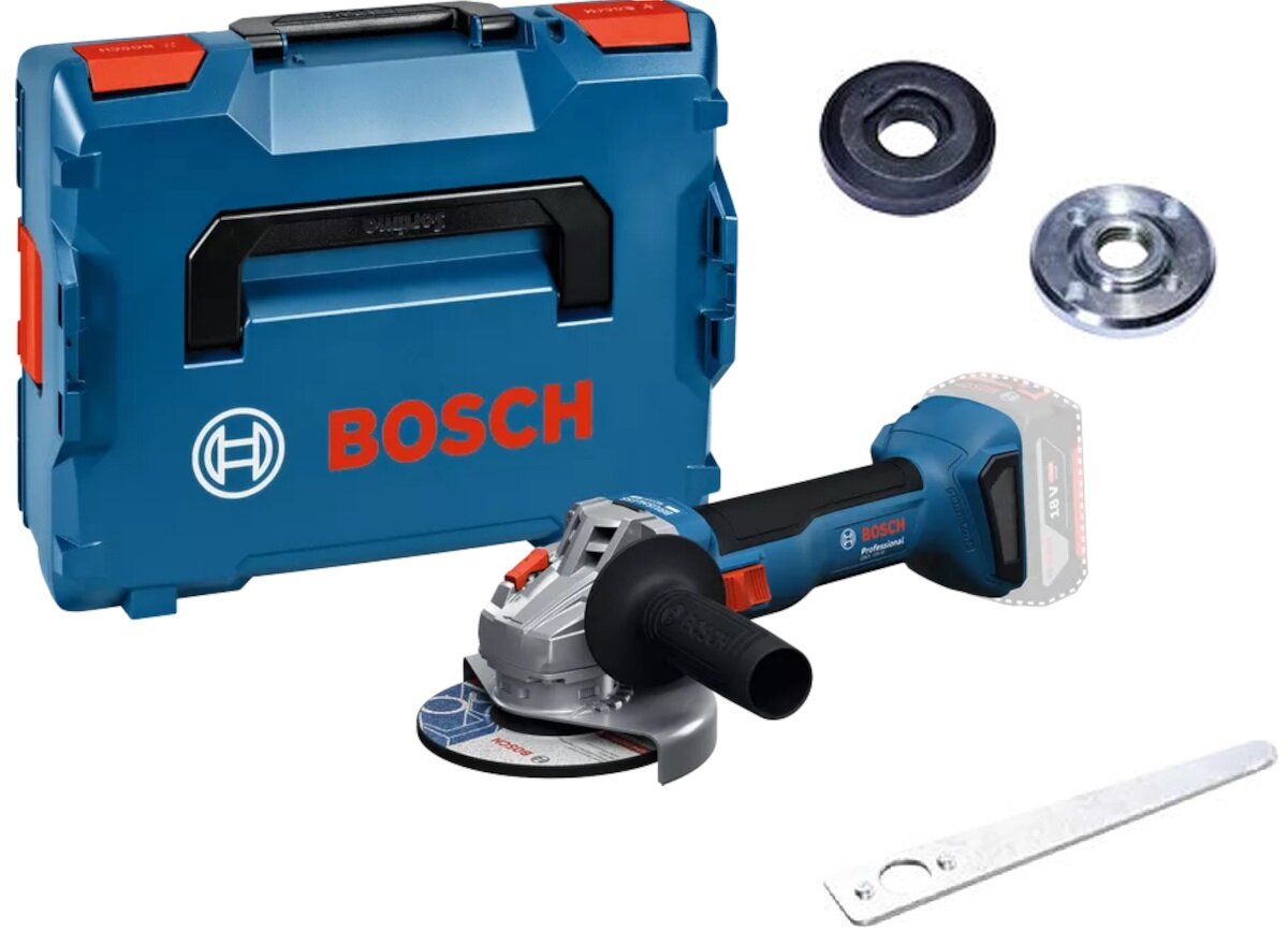 Szlifierka kątowa BOSCH Professional GWS 18V-8 06019N9001 zestaw na białym tle w zestawie szlifierka nakrętka mocująca kołnierz mocujący dodatkowa rękojeść klucz pokrowiec walizka dokumentacja