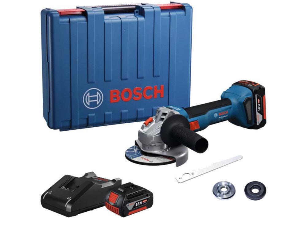 Szlifierka kątowa BOSCH Professional GWS 18V-8 06019N9020 zestaw na białym tle w zestawie szlifierka osłona walizka L-BOXX 136 dwa akumulatory ładowarka szybkozaciskowa nakrętka mocująca kołnierz mocujący rękojeść dodatkowa klucz oczkowy dokumentacja