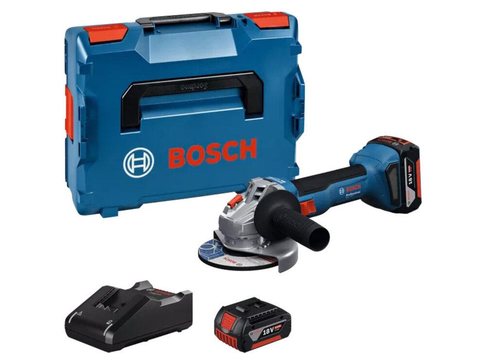 Szlifierka kątowa BOSCH Professional GWS 18V-8 06019N9003 zestaw na białym tle w zestawie szlifierka osłona walizka L-BOXX 136 dwa akumulatory ładowarka szybkozaciskowa nakrętka mocująca kołnierz mocujący rękojeść dodatkowa dokumentacja