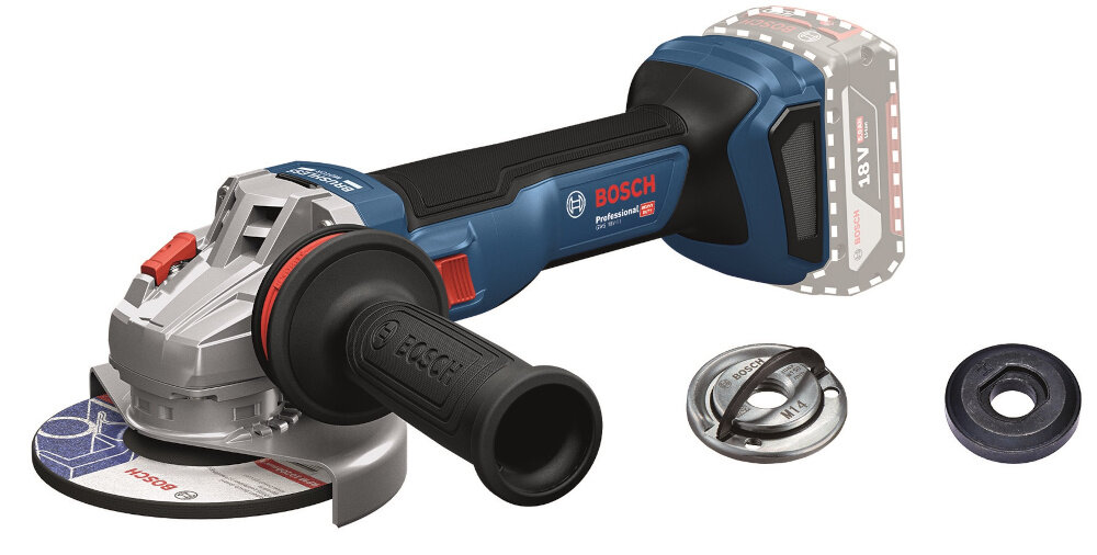 Szlifierka kątowa BOSCH Professional GWS 18V-11 06019N4100 zestaw na białym tle w zestawie szlifierka osłona szybkozaciskowa nakrętka mocująca kołnierz mocujący rękojeść dodatkowa dokumentacja