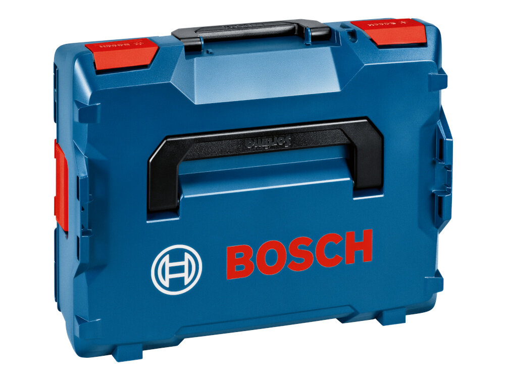 Szlifierka kątowa BOSCH Professional GWS 18V-11 06019N4103 otwarta walizka ze szlifierką w środku zdjęcie na białym tle wysokiej klasy elektronarzędzie walizka transportowa L-BOXX 136 zabezpiecza sprzęt podczas przenoszenia i transportu z niezwykle twardego i wytrzymałego tworzywa sztucznego wysoka odporność na uderzenia
