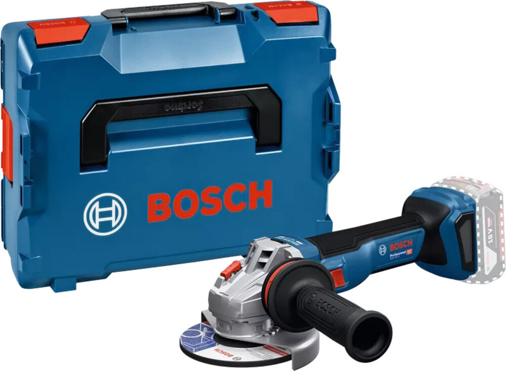 Szlifierka kątowa BOSCH Professional GWS 18V-11 S 06019N4001 zestaw na białym tle w zestawie szlifierka osłona walizka L-BOXX 136 szybkozaciskowa nakrętka mocująca kołnierz mocujący rękojeść dodatkowa dokumentacja