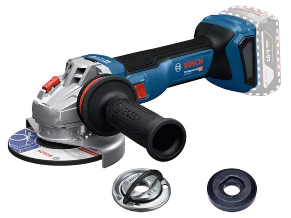 Szlifierka kątowa BOSCH Professional GWS 18V-11 S 06019N4000 zestaw na białym tle w zestawie szlifierka osłona szybkozaciskowa nakrętka mocująca kołnierz mocujący rękojeść dodatkowa dokumentacja