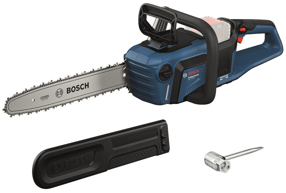 Piła akumulatorowa BOSCH Professional GKE 18V-40 06008D3000 zestaw na białym tle zestaw na białym tle w zestawie piła klucz osłona łańcucha dokumentacja