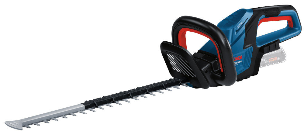 Nożyce do żywopłotu BOSCH Professional GHE 18V-50 06008C9500 akumulatorowe nożyce na białym tle wyszarzony akumulator sprawne przycinanie gęstych żywopłotów i krzewów cięcie gałęzi o grubości do 20 mm zdrowy i równomierny kształt
