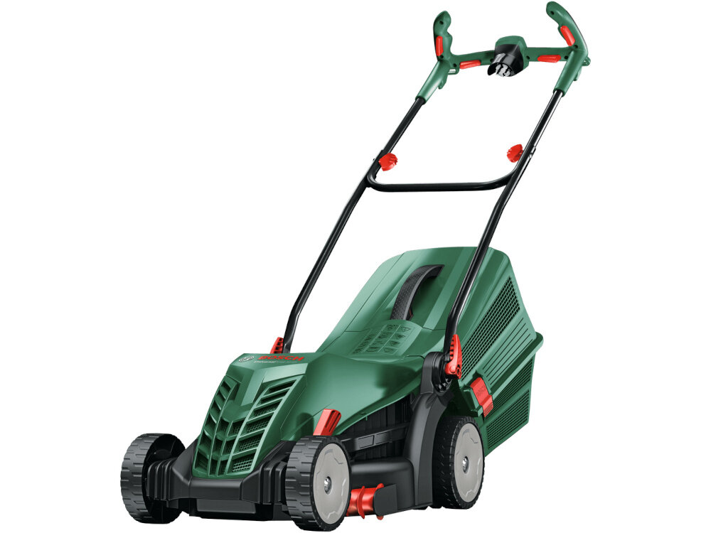 Kosiarka elektryczna BOSCH UniversalRotak 37-555 1400W 370mm kosiarka na białym tle widoczna od przodu pod skosem do efektywnej pielęgnacji trawnika średniej wielkości dokładne i równomierne koszenie różnych rodzajów trawy ergonomiczna konstrukcja łatwa obsługa