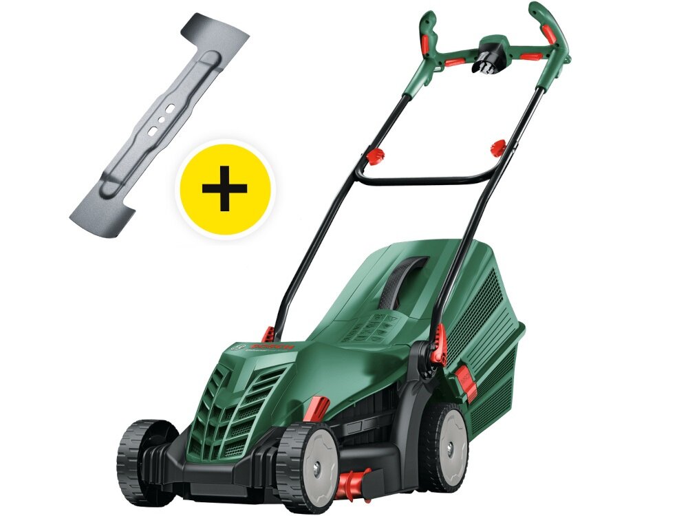 Kosiarka elektryczna BOSCH UniversalRotak 37-555 1400W 370mm kosiarka na białym tle widoczna od przodu pod skosem obok nóż stalowy nóż obrotowy o szerokości 37 cm szybkie i efektywne koszenie redukuje liczbę przejść podczas pracy