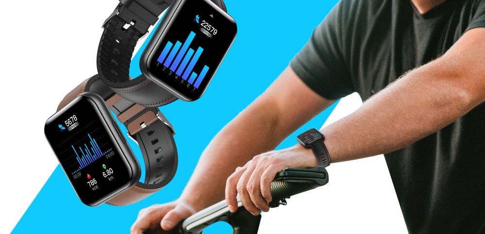 Smartwatch Bemi EXO noszony podczas ćwiczeń i tabele z wynikami na ekranie