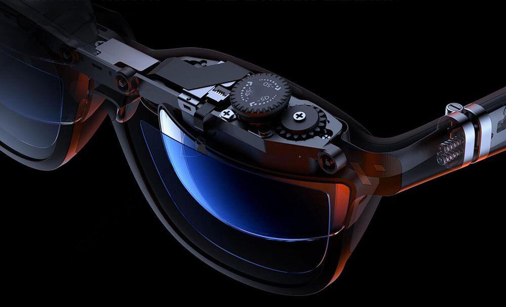 Okulary VITURE Pro XR Czarny zbliżenie na wznętrze okularów na ciemnym tle aluminium klasy lotniczej tytanowe zawiasy odporność na codzienne użytkowanie ochrona delikatnych podzespołów