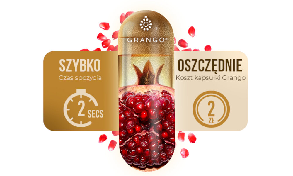 Suplement na energię GRANGO Energia i witalność 90 kapsułek kapsułka wypełniona owocami granatu na białym tle zachowanie energii odporności i dobrej formy psychofizycznej intensywny tryb życia dla osób uprawiających sport pracują w wymagających warunkach 100% roślinna kapsułka VEGE dawka dzienna 2 kapsułki