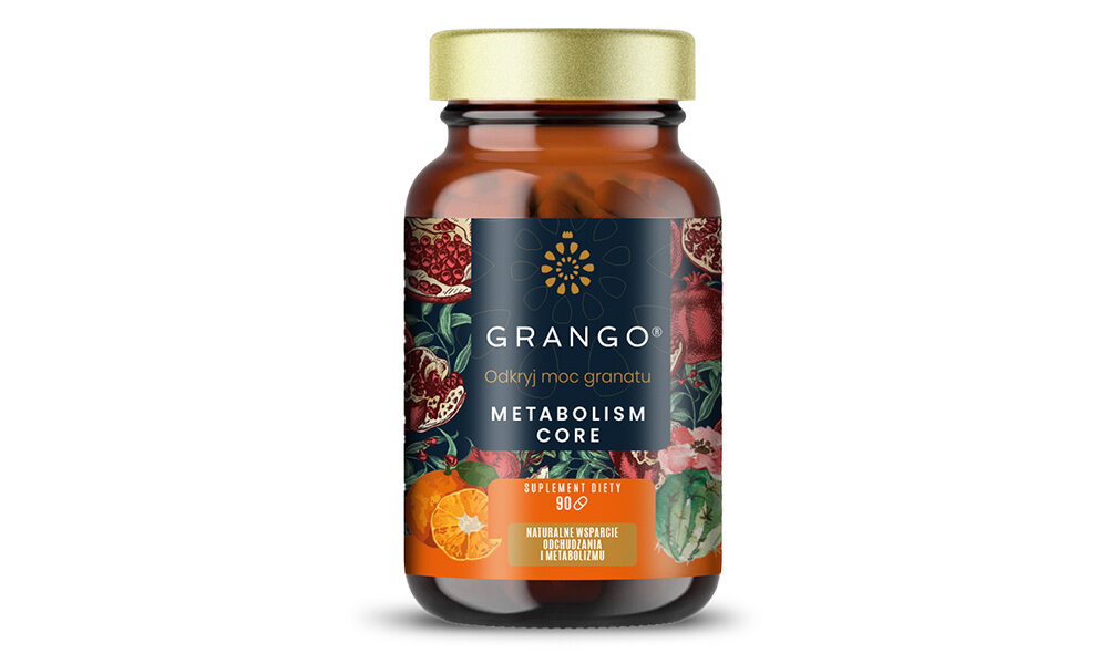 Suplement na odchudzanie GRANGO Odchudzanie i metabolizm 90 kapsułek pojemnik na białym tle nutraceutyczny suplement diety procesy energetyczne na poziomie komórkowym skoncentrowany ekstrakt z granatu DER 40:1 punikalaginy pobudzenie metabolizmu efektywne zarządzanie energią wymarzona sylwetka