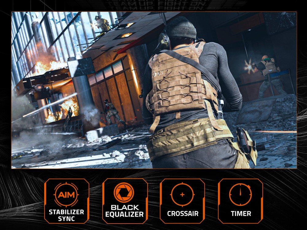 Monitor GIGABYTE GS27QA EU Scena z gry FPS z widokiem zza pleców postaci żołnierza, na dole ikony oznaczające funkcje celownika, stabilizacji, czarnego equalizera i timera, funkcje dla graczy, celownik, licznik czasu, ustawienia