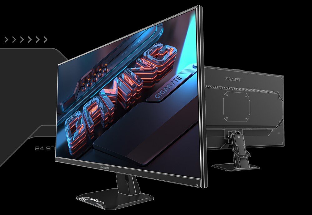 Monitor GIGABYTE GS27QA EU Monitor pokazany z przodu i z tyłu, z wyraźnie zaznaczonym mocowaniem VESA i prostokątną podstawą, wygląd, wykończenie, styl