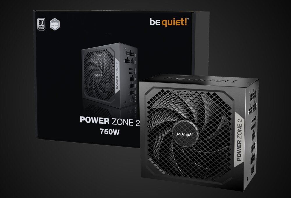Zasilacz BE QUIET! Power Zone 2 czarne opakowanie oraz zasilacz komputerowy o mocy 1200W z widoczną gęstą siatką o strukturze rombów osłaniającą wentylator i modularnym panelem złączy