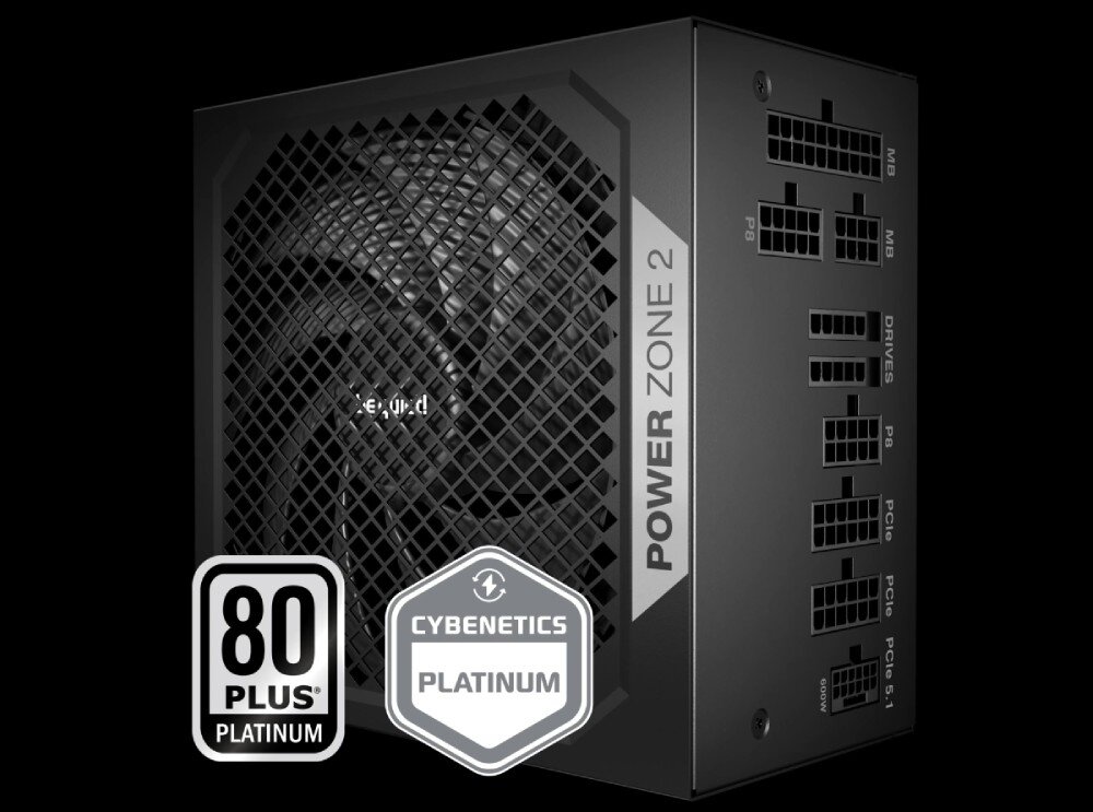 Zasilacz BE QUIET! Power Zone 2 widok na bok i panel modularny zasilacza z gniazdami podpisanymi skrótami komponentów oraz nałożone grafiki certyfikatów '80 PLUS Platinum' i 'Cybenetics Platinum'