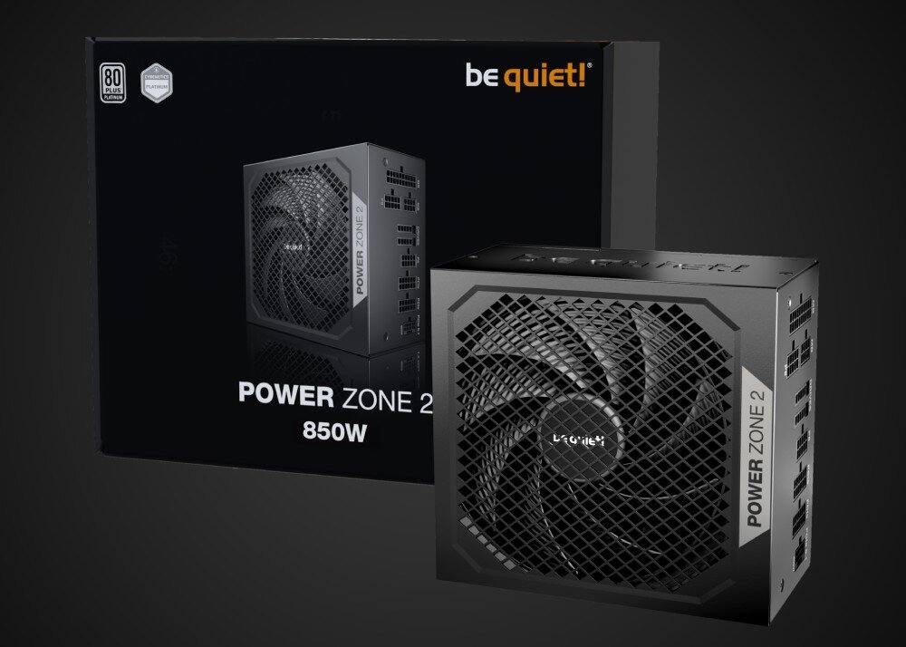 Zasilacz BE QUIET! Power Zone 2 czarne opakowanie oraz zasilacz komputerowy o mocy 1200W z widoczną gęstą siatką o strukturze rombów osłaniającą wentylator i modularnym panelem złączy