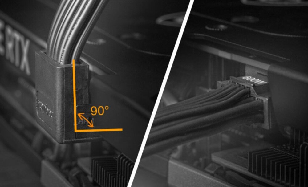 Zasilacz BE QUIET! Power Zone 2 zestawienie dwóch kadrów pokazujących czarny przewód zasilający podłączony do karty graficznej pod kątem 90 stopni z naniesionym pomarańczowym schematem kąta