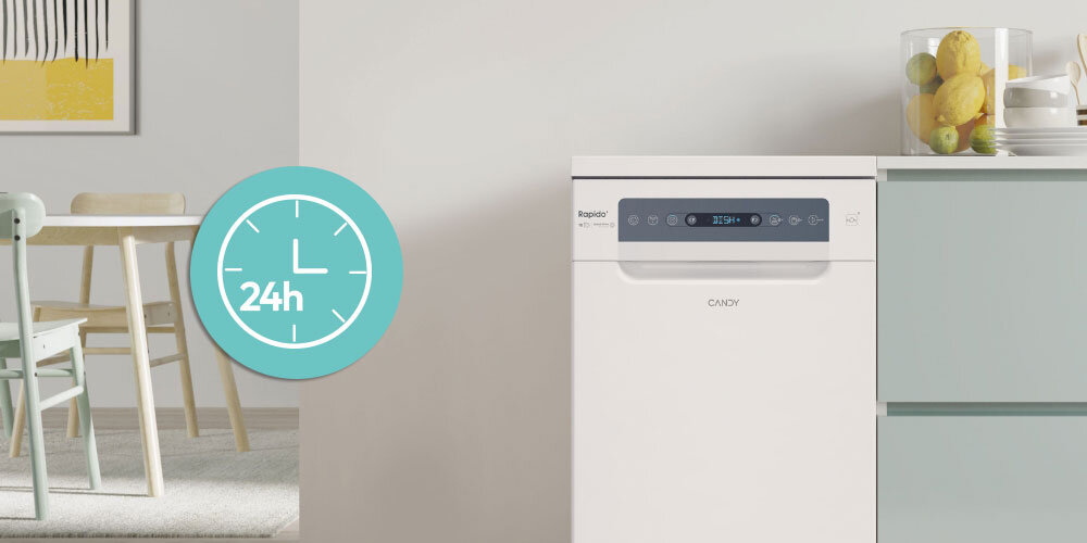 ZMYWARKA CANDY RAPIDO CF0C7SB0FW lifestyle kuchnia zabudowa zmywarka zamknięta infografika Opóźnienie startu do 24 h czas godzina planowanie niższe rachuni