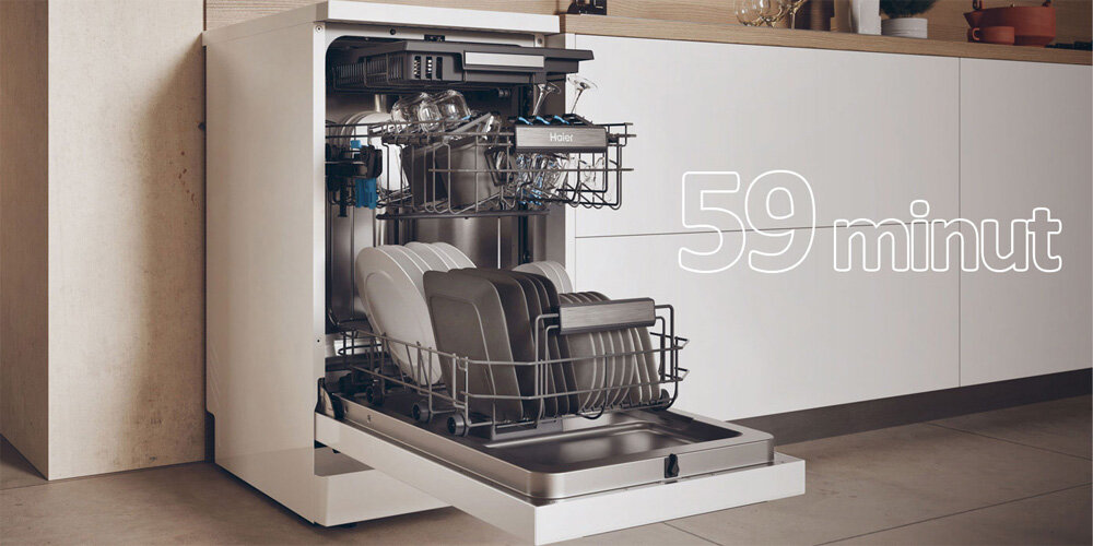 ZMYWARKA HAIER XF1C3TB1FW zdjęcie lifestyle otwarta naczynia załadunek szklanki talerze infografika tekst 59 minut czyste suche program godzina 59 minut szybkie mycie skrócony czas
