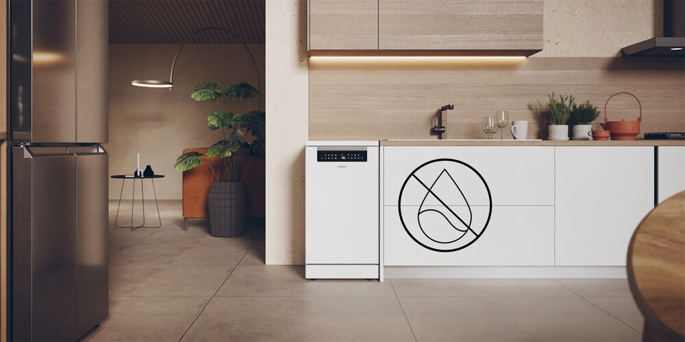 ZMYWARKA HAIER XF1C3TB1FW zdjęcie lifestyle front ikona grafika kropla wody zamknięta kuchnia zabudowa blokada ochrona przed zalaniem niezawodność bezpieczeństwo użytkowanie AquaStop