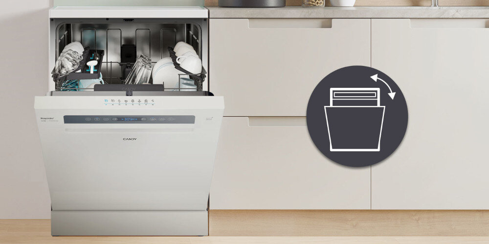ZMYWARKA CANDY RAPIDO CF 6B4S1PA zdjęcie lifestyle ikona grafika kuchnia uchylone drzwiczki roślina donica Automatyczne otwieranie drzwi nauralne suszenie bez uszkodzenia mebli