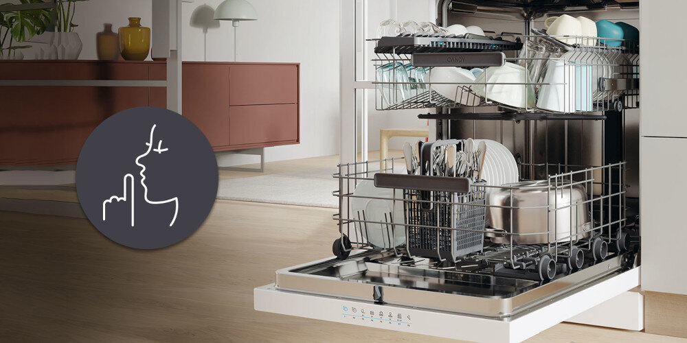 ZMYWARKA CANDY RAPIDO CF 6B4S1PA zdjęcie lifestyle ikona grafika naczynia załadunek cicha praca bez zakłócania spokoju komfort wygoda 44 dB