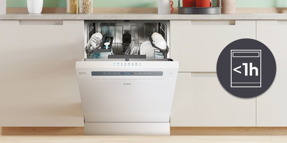 ZMYWARKA CANDY RAPIDO CF 6B4S1PA zdjęcie lifestyle ikona grafika otwarta naczynia wnętrze Mycie w mniej niż godzinę szybkie cykl krótki skuteczność ekspresowe mycie