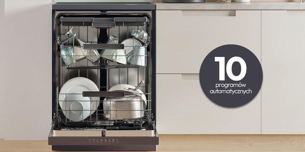 ZMYWARKA CANDY RAPIDO CF 6B4S1PA zdjęcie lifestyle ikona grafika otwarta naczynia meble kuchnia zabudowa 10 programów automatycznych Wash&Dry 35' Uniwersalny Auto Plus