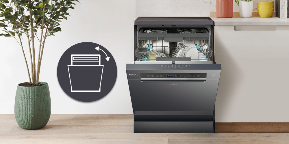 ZMYWARKA CANDY RAPIDO CF 6B4S1PA zdjęcie lifestyle ikona grafika kuchnia uchylone drzwiczki roślina donica Automatyczne otwieranie drzwi nauralne suszenie bez uszkodzenia mebli