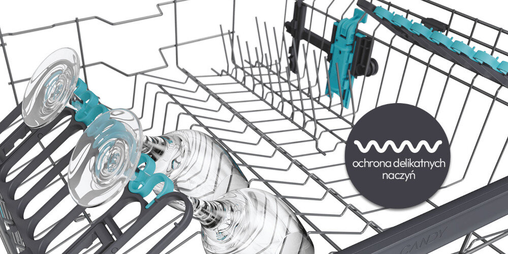 ZMYWARKA CANDY RAPIDO CF 6B4S1PA zdjęcie lifestyle ikona grafika naczynia szklanki kieliszki uchwyty gumowe Ochrona delikatnych naczyń gumowe elementy stabilizacja zabezpieczenie delikatnych naczyń bezpiecznie skutecznie