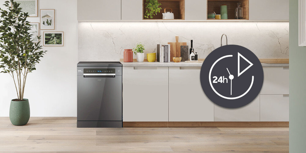 ZMYWARKA CANDY RAPIDO CF 6B4S1PA zdjęcie lifestyle ikona grafika kuchnia front zamknięta roślina donica Opóźnienie startu do 24 h wygoda pora rozpoczęcie cyklu planowanie