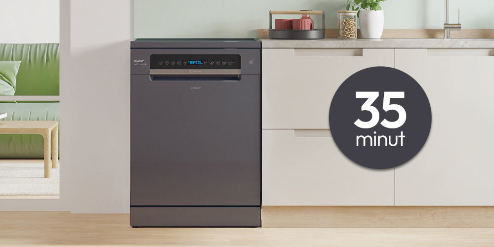 ZMYWARKA CANDY RAPIDO CF 6B4S1PA zdjęcie lifestyle ikona grafika czas kuchnia zmywarka zamknięta front panel Program Wash&Dry 35 minut krótszy czas szybsze mycie suszenie mniej czasochłonne