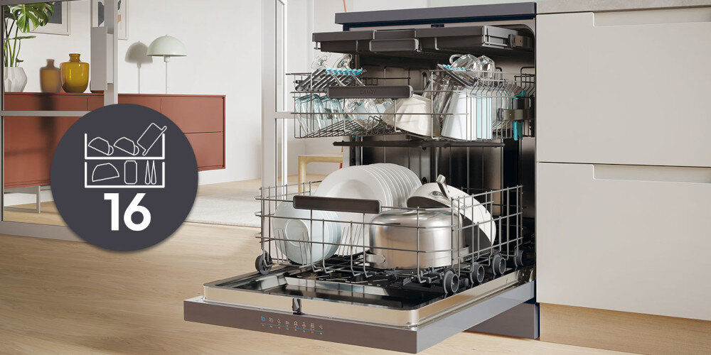 ZMYWARKA CANDY RAPIDO CF 6B4S1PA zdjęcie lifestyle ikona grafika otwarta zapełniona wnętrze naczynia załadunek slim duża pojemność Maxi Tub 16 kompletów naczyń oszczędność miejsca