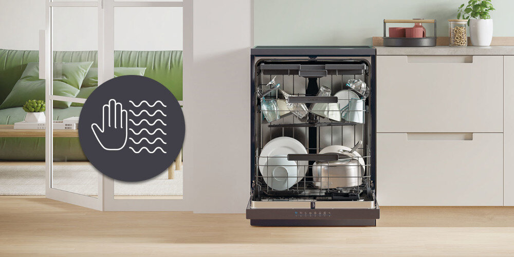 ZMYWARKA CANDY RAPIDO CF 6B4S1PA zdjęcie lifestyle ikona grafika otwarta zapełniona wnętrze kuchnia zabudowa AquaStop system Bezpieczeństwa ochrona zalanie odcięcie dopływu wody awaria komfort Bezpieczeństwo