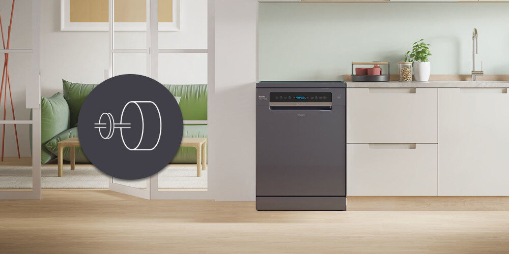 ZMYWARKA CANDY RAPIDO CF 6B4S1PA zdjęcie lifestyle ikona grafika kuchnia zabudowa zmywarka zamknięta front silnik inwerterowy cicha stabilna praca mniej wibracji długa żywotność oszczędności lepsze efekty