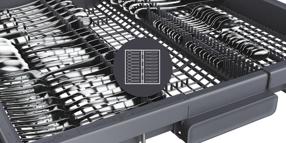 ZMYWARKA CANDY RAPIDO CF 6B4S1PA zdjęcie lifestyle szuflada górna ikona grafika Trzecia szuflada na sztućce akcesoria kuchenne więcej miejsca dodatkowa przestrzeń