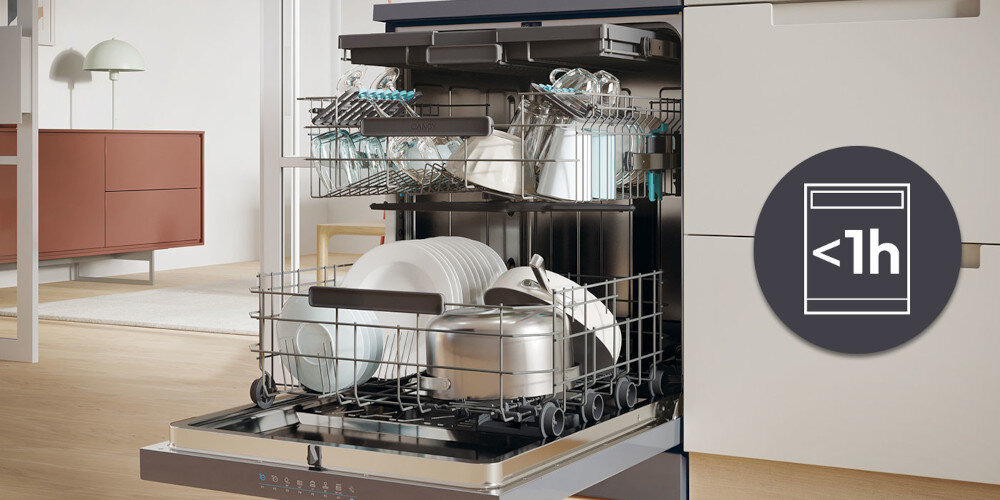 ZMYWARKA CANDY RAPIDO CF 6B4S1PA zdjęcie lifestyle ikona grafika otwarta naczynia wnętrze Mycie w mniej niż godzinę szybkie cykl krótki skuteczność ekspresowe mycie